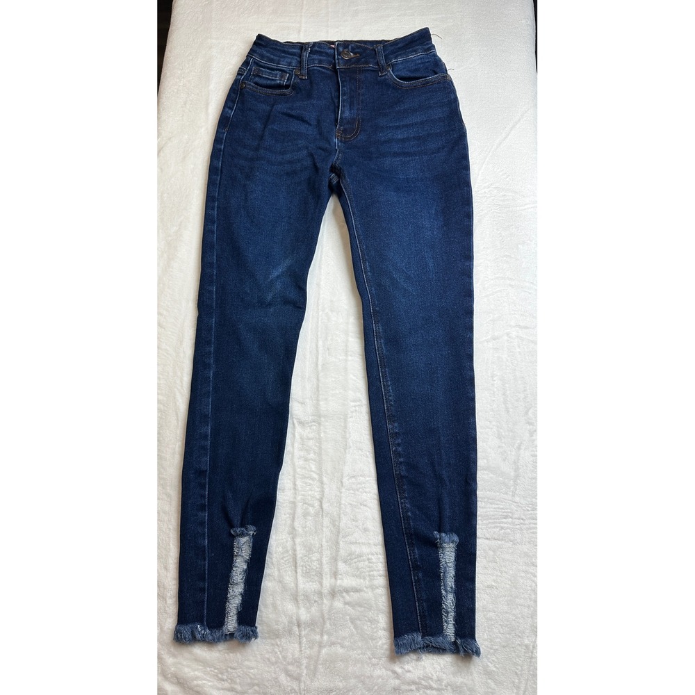 Bamboo Skinny Jeans Women Size 5 Dark Wash Distressed Frayed Hem High Rise